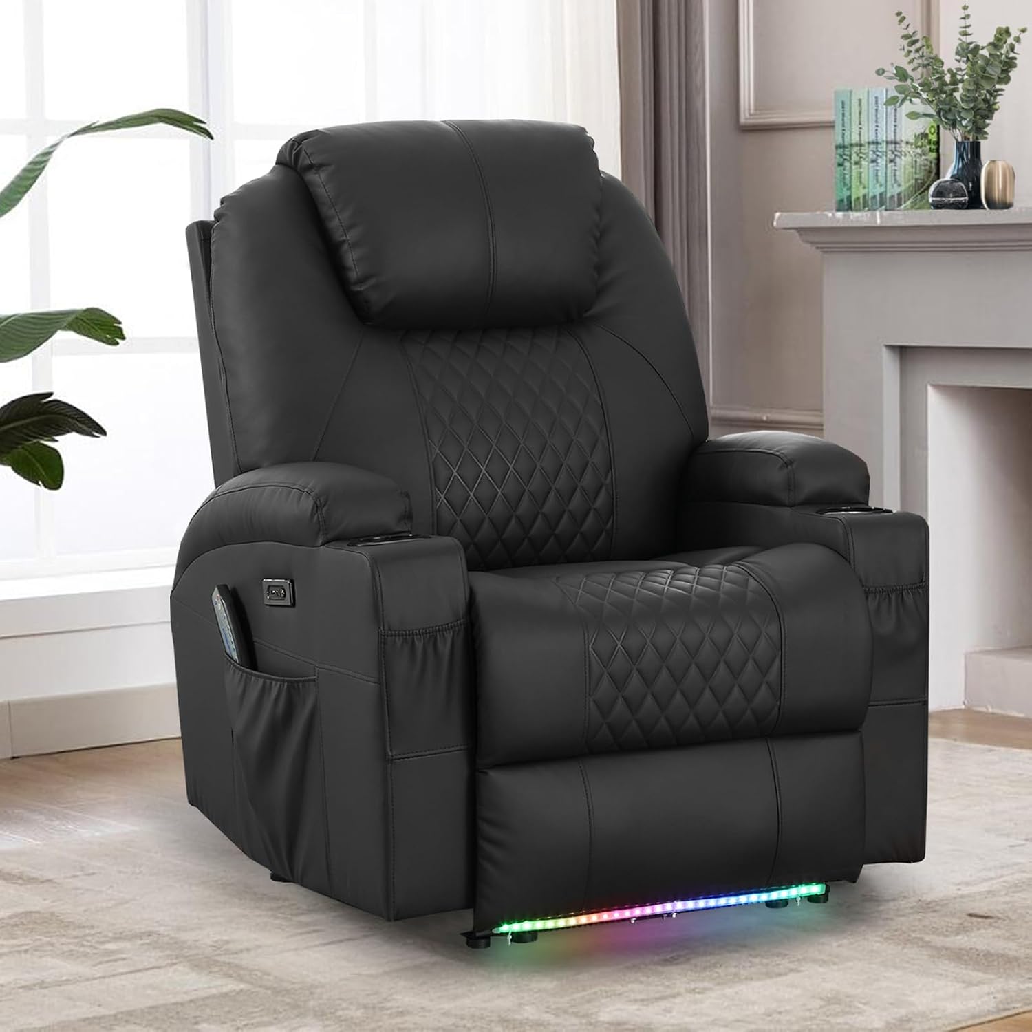 Power Recliner Chair with Heat and Massage for Adults - Home Theater Seating with LED Lights,Cup Holders,Side Pocket,USB Port - Recliner Sofa for Living Room (Black, Set of 2)