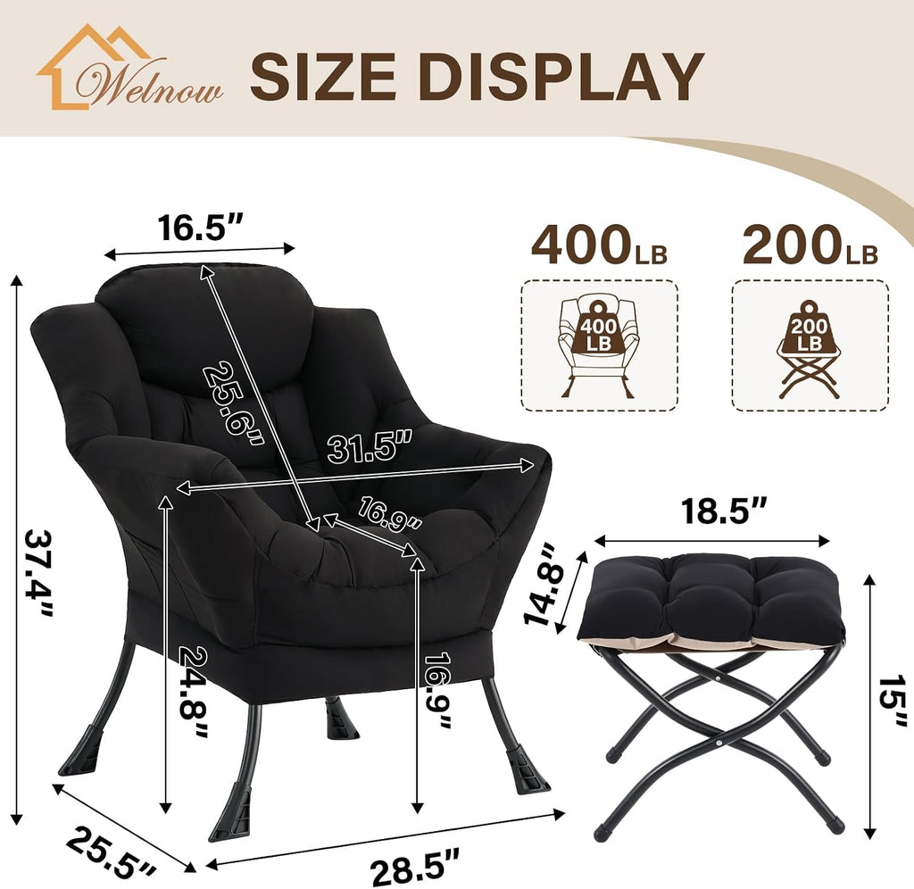 Welnow Lazy Chair with Ottoman, Modern Accent Chair with Armrests and a Side Pocket, Leisure Sofa Armchair Set, Reading Armchair with Footrest for Small Space, Black