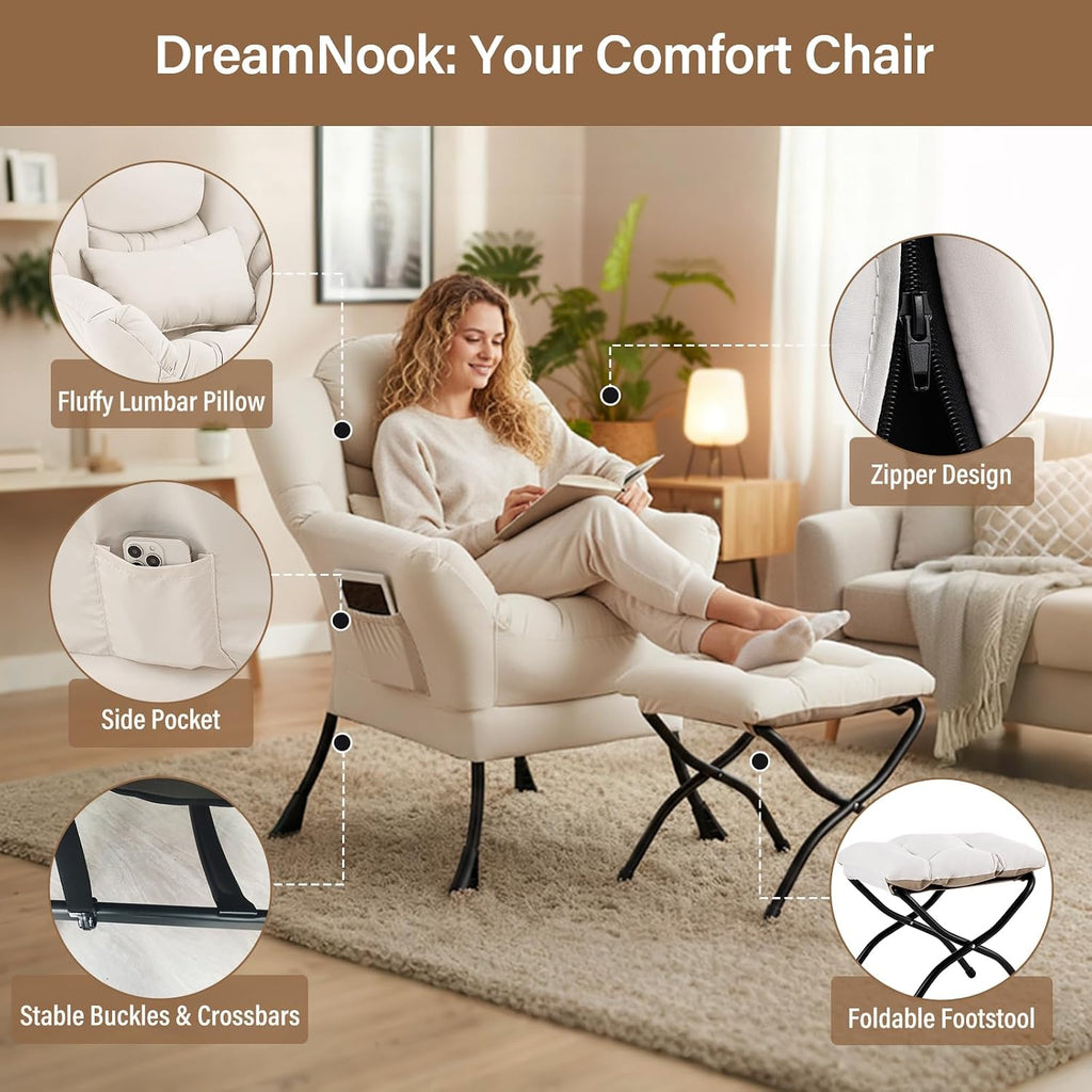 Lazy Chair with Ottoman, Modern Accent Chair with Lumbar Pillow, Beige Sofa, Armchairs with Folding Footrest, Oversized Supportive Chairs for Bedroom, Reading