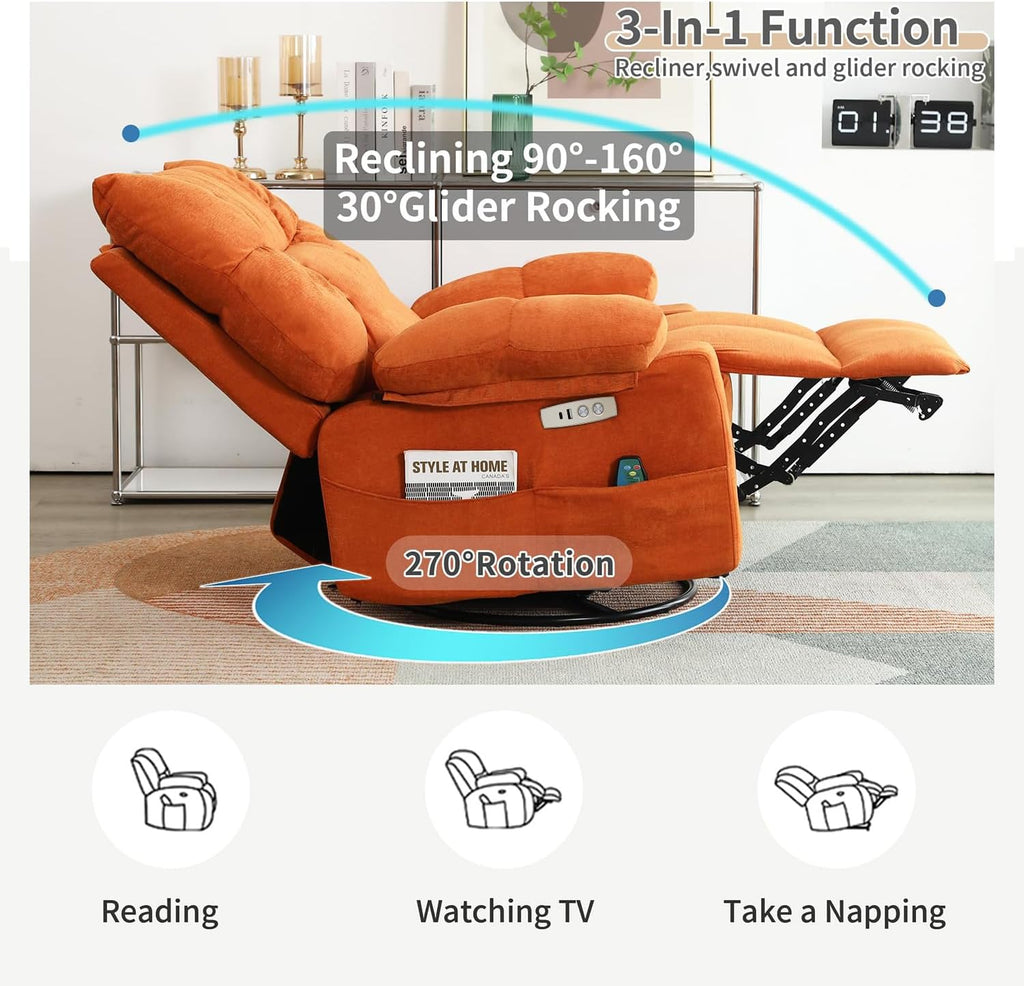 Power Swivel Rocker Recliner Chair Oversized for Adults, Electric Heated & Massage Chair Recliner with USB/Type-C, Fabric Nursery Recliner for Living Room,Bedroom, Orange