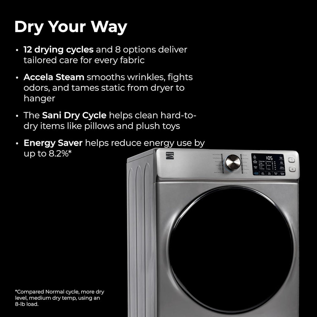Kenmore 8.0 cu. ft. Front Load Electric Dryer with Wrinkle Guard & Accela Steam to Reduce Wrinkles, Static & Odors - Smart Sensor Drying - LED - ENERGY STAR Certified - Metallic Silver
