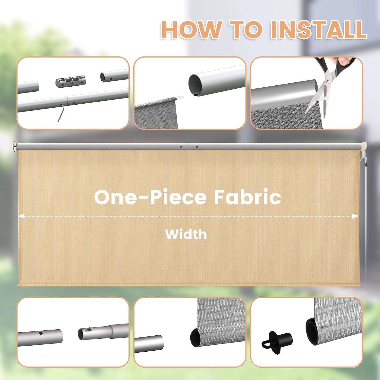 VICLLAX Cordless Outdoor Roller Shade with Splicing Design 10'×8', Exterior Roll Up Shade Blind for Porch, Patio, Yard, Wheat