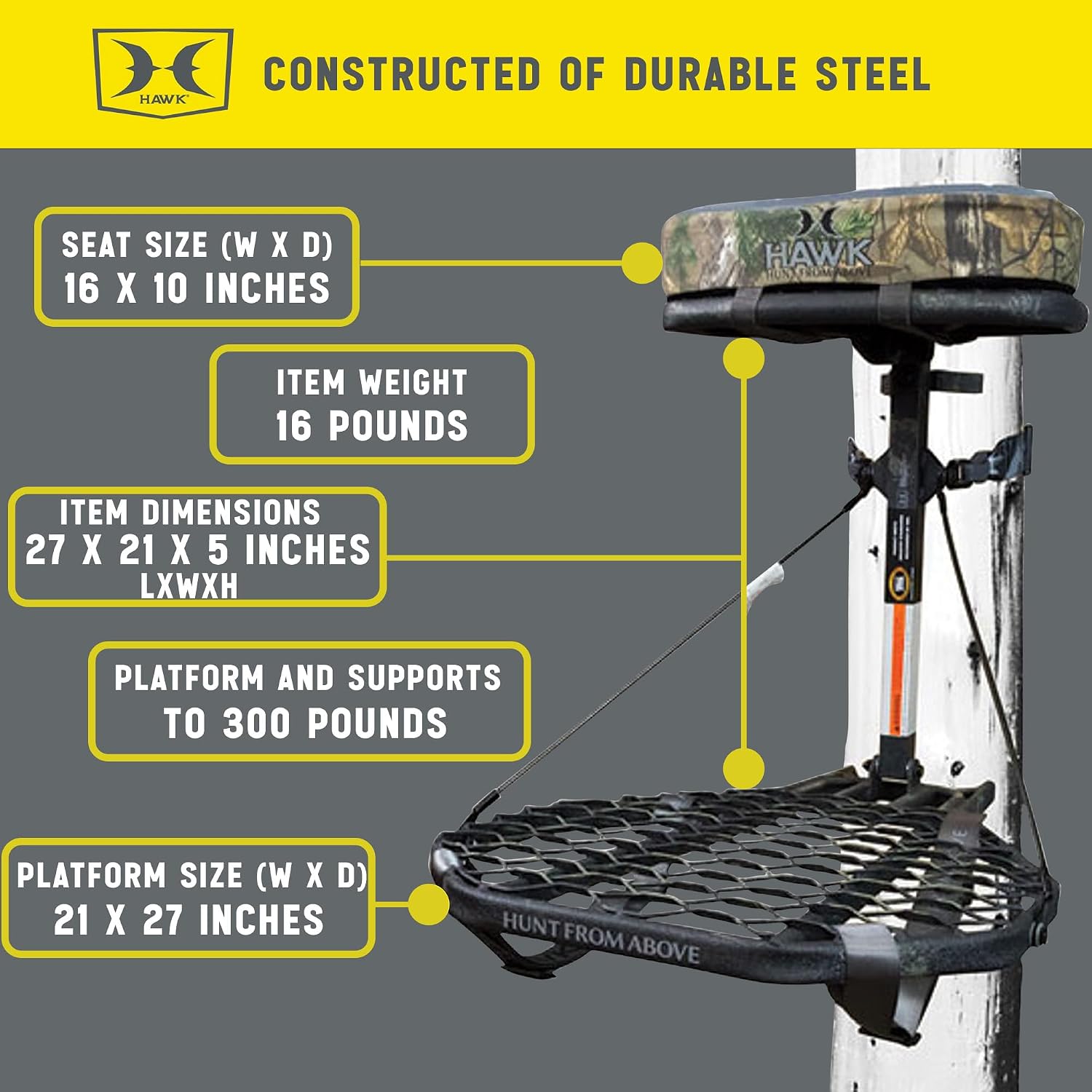 Hawk Hang-On Deer Hunting Tree Stand with XL Seat and Platform, Kickback LVL