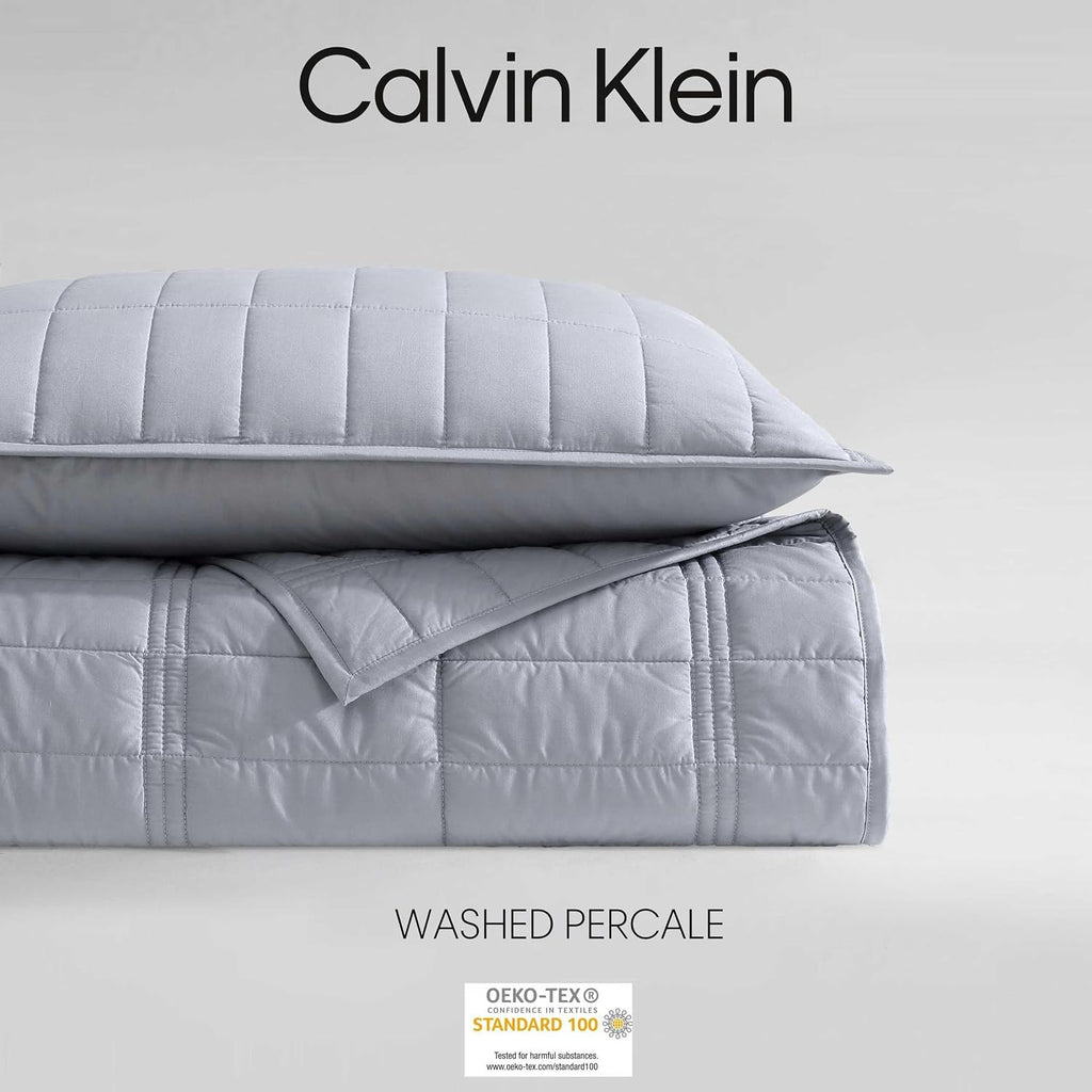 Calvin Klein - King Quilt Set, Cotton Percale Weave Bedding with Matching Shams, Crisp & Cool, Oeko-Tex Certified (Washed Percale Steel Blue)