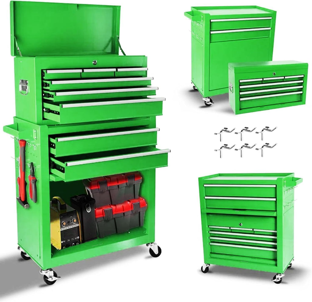 8 Drawers Rolling Tool Chest, 2-in-1 Detachable Metal Tool Storage Cabinet with Wheels, Lockable Tool Cart with Hooks for Garage, Workshop or Salon Use, Green