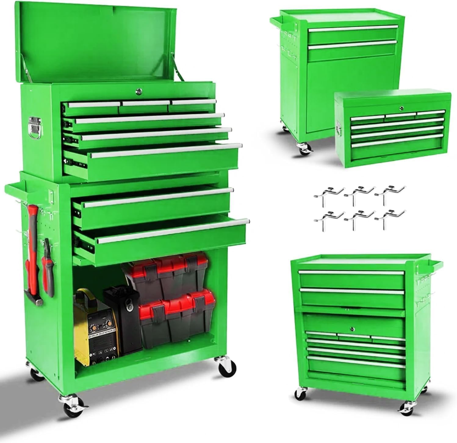 8 Drawers Rolling Tool Chest, 2-in-1 Detachable Metal Tool Storage Cabinet with Wheels, Lockable Tool Cart with Hooks for Garage, Workshop or Salon Use, Green