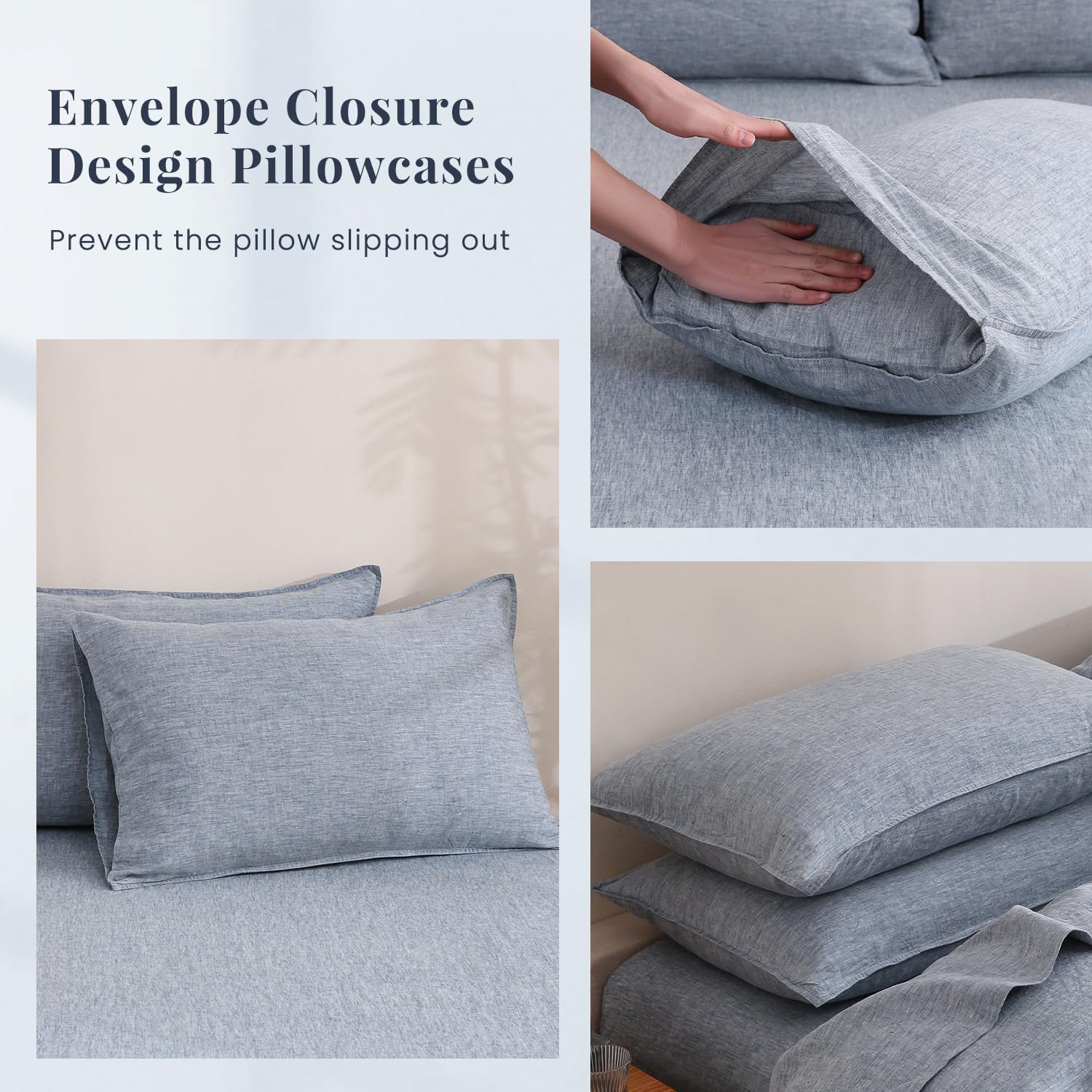 S VICTORY SYMBOL 100% Organic Linen Chambray Sheets Set Full Size,Washed French Flax Bed Sheets 4 Pieces(2 Pillowcases,1 Fitted Sheet,1 Flat Sheet) Blue Denim,Yarn Dyed Natural Linen Bedding