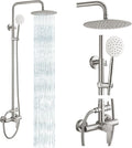 gotonovo SUS304 Outdoor Shower Fixture High Pressure Shower System Combo Wall Mount 2 Dual Function Shower Faucet Set Round Handheld Spray Brushed Nickel Single Handle