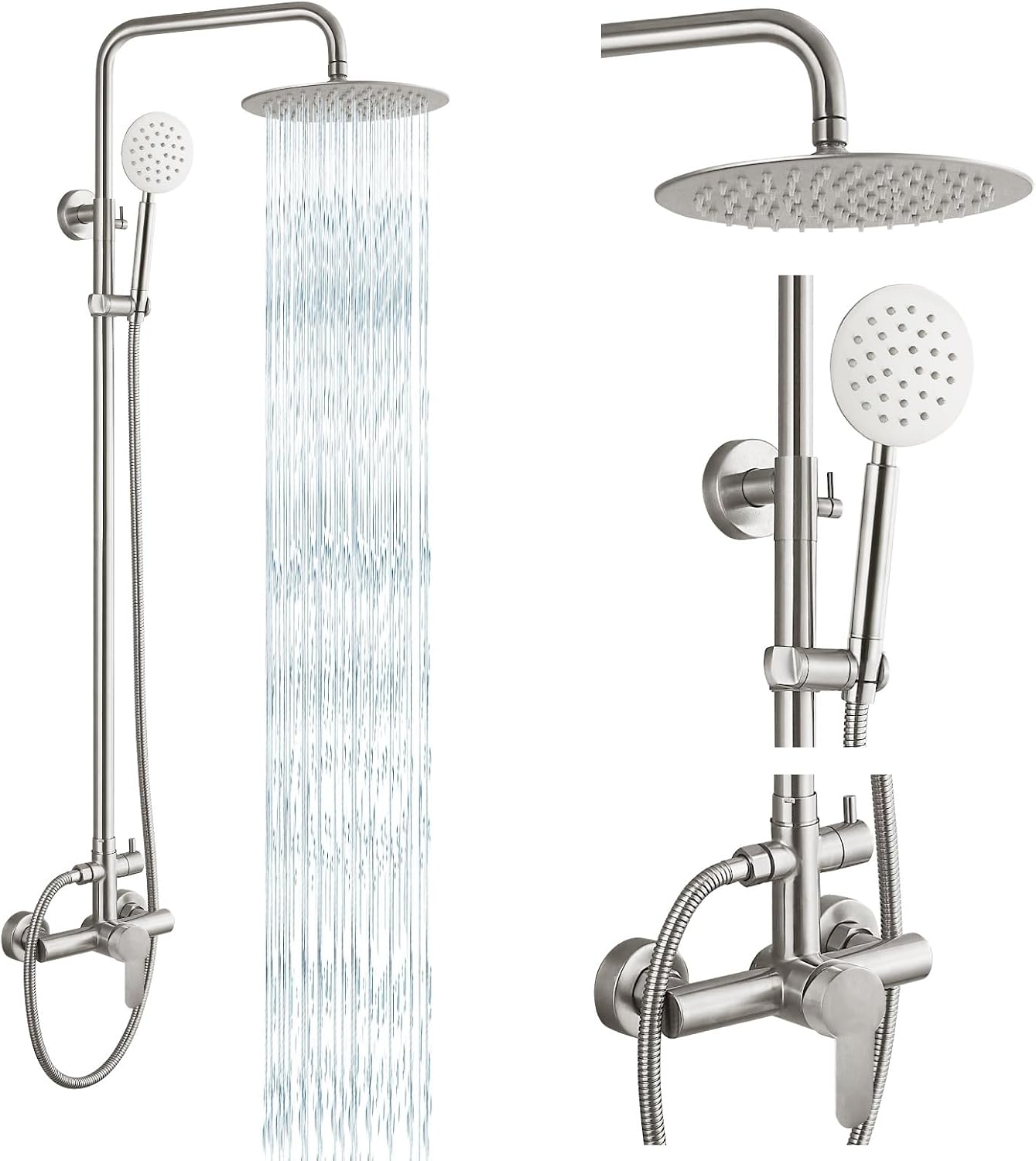 gotonovo SUS304 Outdoor Shower Fixture High Pressure Shower System Combo Wall Mount 2 Dual Function Shower Faucet Set Round Handheld Spray Brushed Nickel Single Handle
