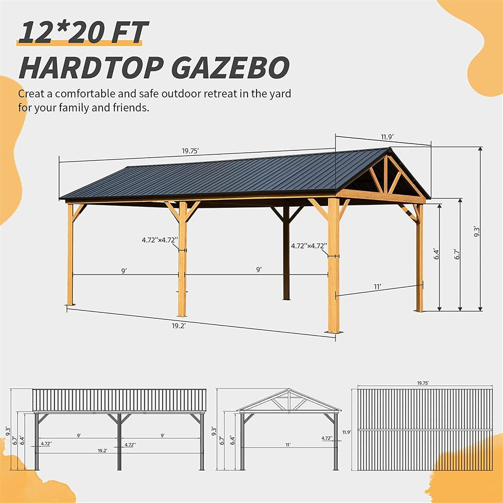 12x20ft Hardtop Gazebo, Galvanized Steel Roof Gazebo Pergola with Wood Grain Aluminum Frame, Outdoor Permanent Gazebo Pavilion for Patio, G(Yellow Brown)