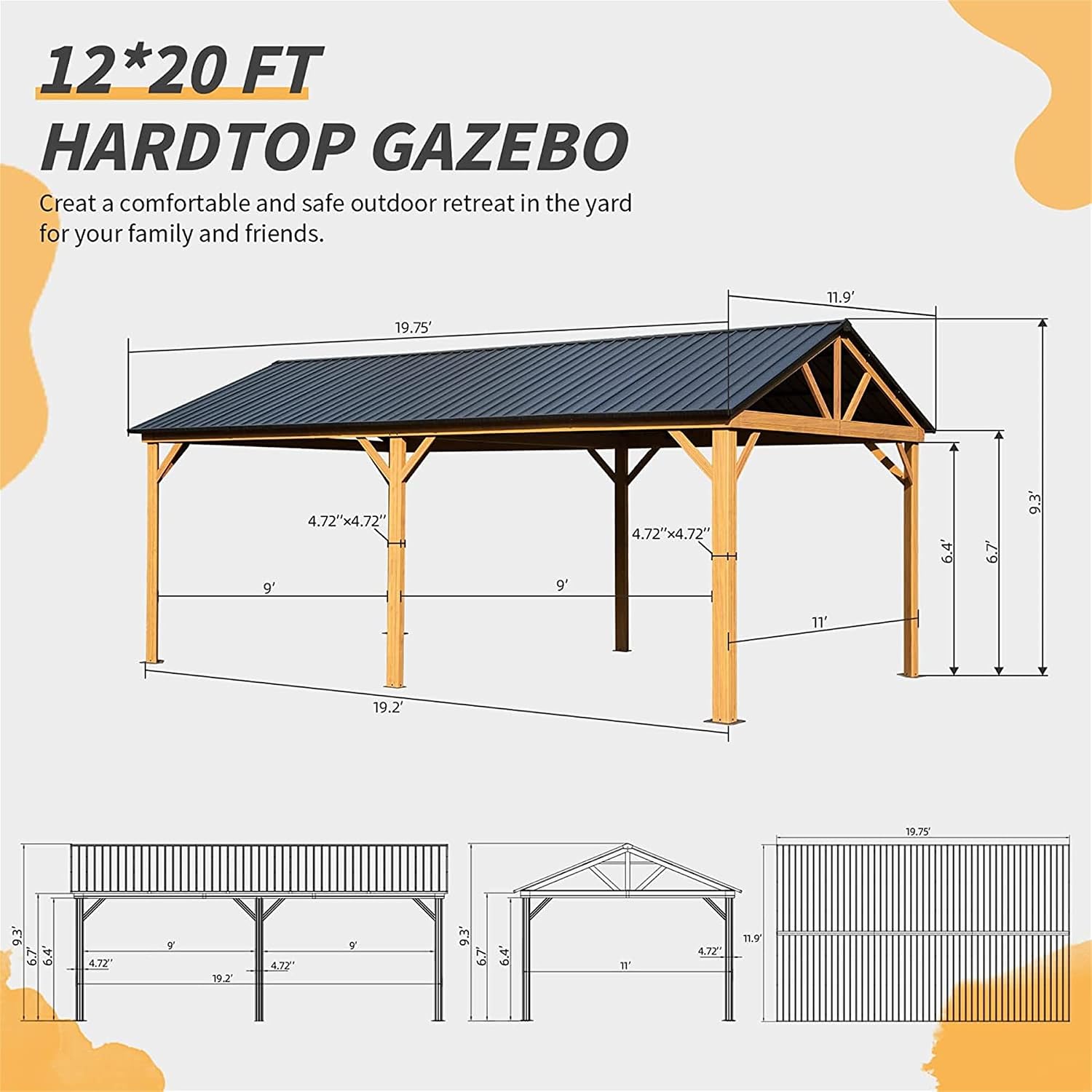 12x20ft Hardtop Gazebo, Galvanized Steel Gable Roof Gazebo Pergola with Wood Grain Aluminum Frame, Outdoor Permanent Gazebo Pavilion for Patio, Garden (Yellow Brown)