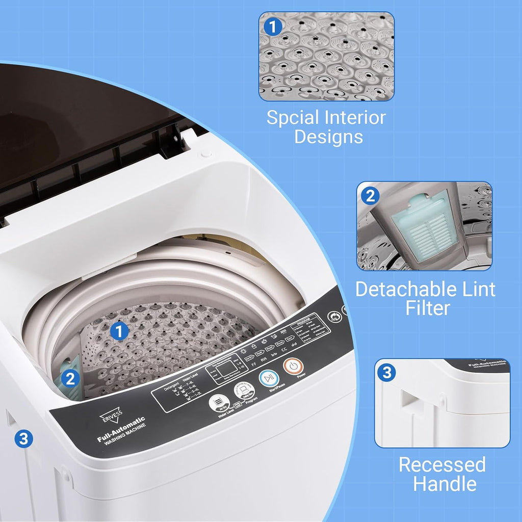 Erivess 16 lbs Portable Washing Machine, 2.0 Cu.Ft Capacity Full Automatic Washer for Homes & Apartments, 8 Wash Programs, Compact Laundry Washer for Homes & Apartments, Dorm, Small Spaces