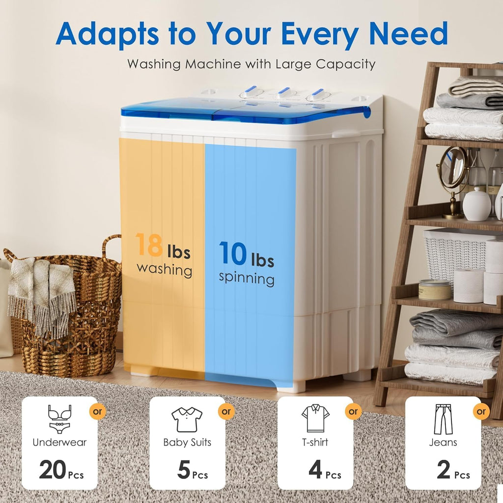 28lbs Portable Twin Tub Washing Machine & Spin Dryer Combo-Silver Ion Deep Cleaning, Dual Timer Control, Gentle/Normal Modes, Mini Laundry for Apartment, Dorm, RV, Camping (Blue)