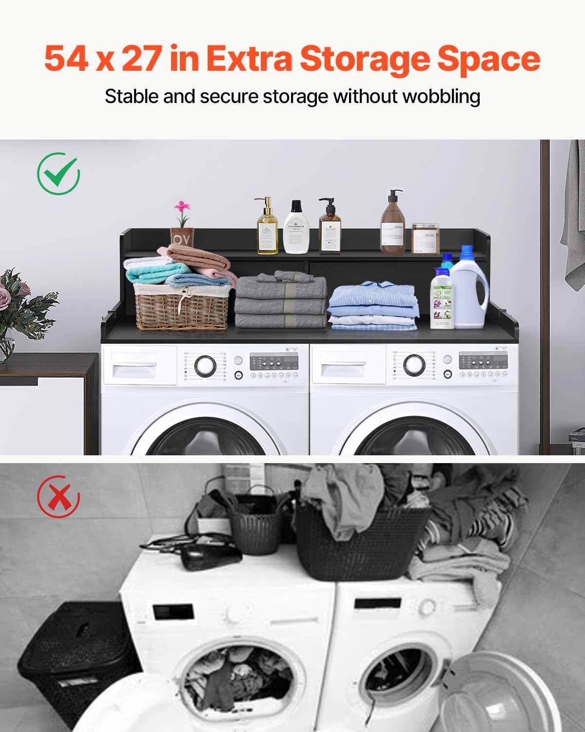 VEVOR 2 Drawers Washer Dryer Countertop with Shelf, 54' x 27' Wooden Laundry Countertop with 2 Hooks & Non-Slip Pads, Washer and Dryer Covers for The Top, Laundry Room Organization and Storage, Black