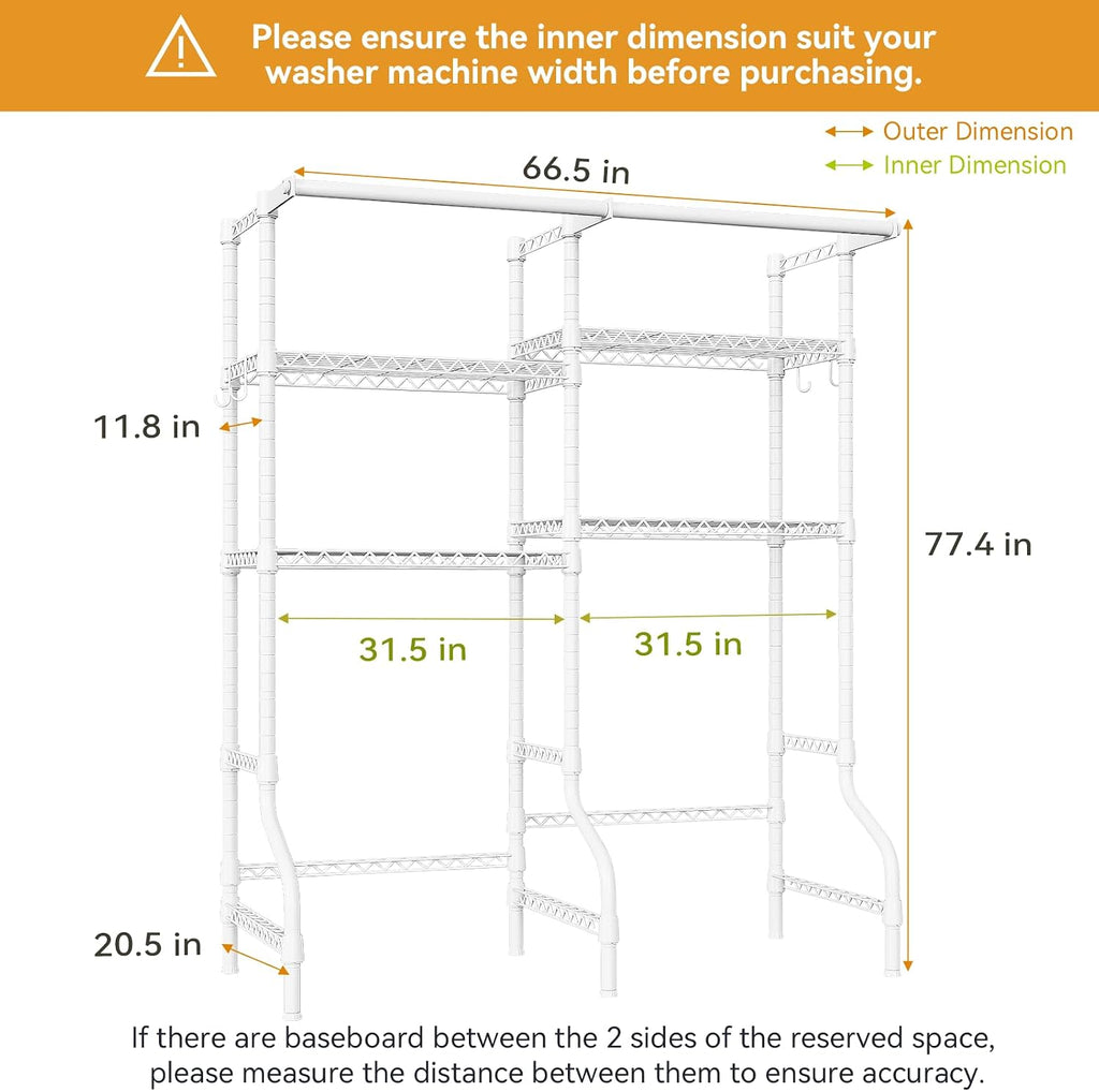 ULIFHOME U14 Over Washer and Dryer Storage Shelves, 4 Tiers Laundry Room Storage and Organizer System, Space Saving Clothes Drying Rack with 2 Clothes Hanger Rods, 66.5' W x 20.5' D x 77.4' H, White