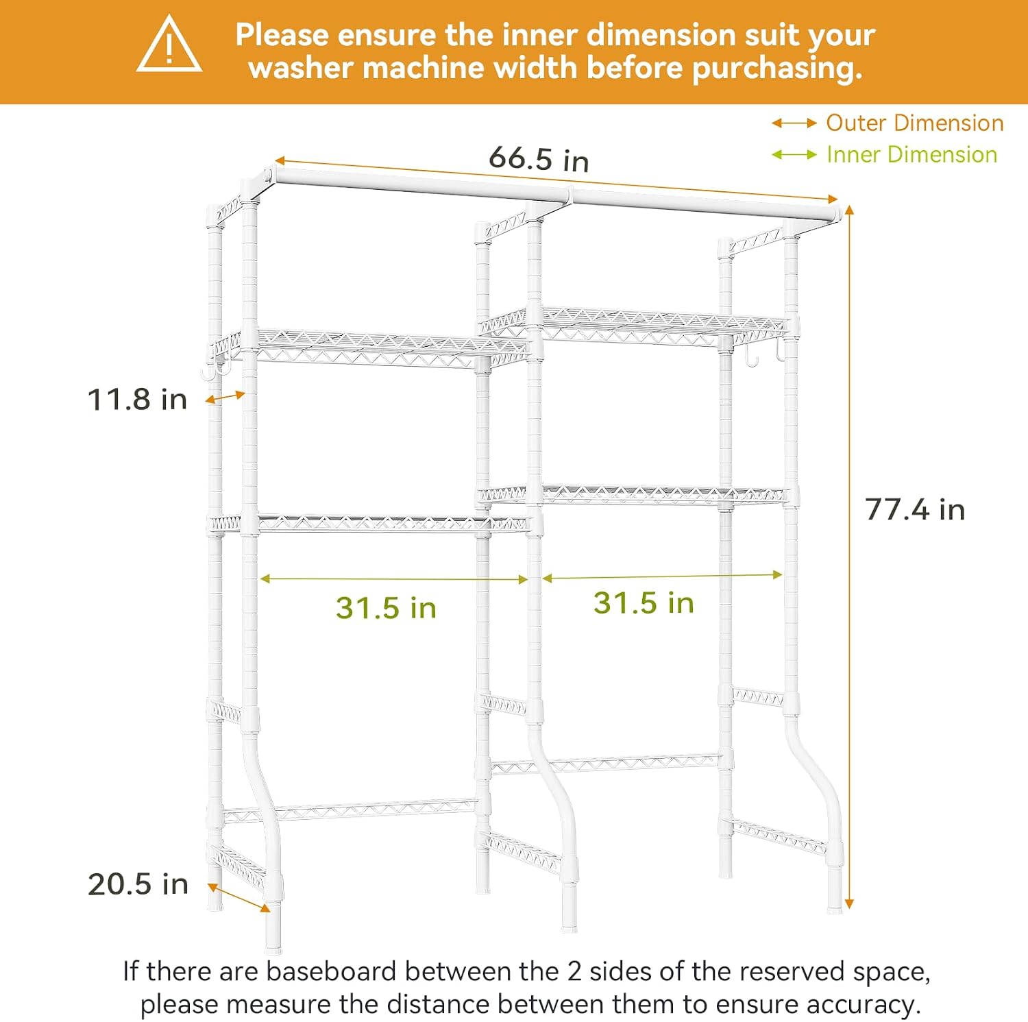 ULIFHOME U14 Over Washer and Dryer Storage Shelves, 4 Tiers Laundry Room Storage and Organizer System, Space Saving Clothes Drying Rack with 2 Clothes Hanger Rods, 66.5' W x 20.5' D x 77.4' H, White