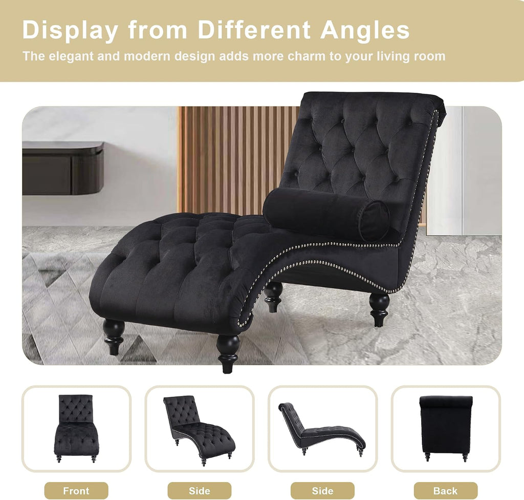 Velvet Chaise Lounge Indoor,Button-Tufted Upholstered Chaise Lounge Chair with Pillow for Bedroom Living Room Office Modern Backrest Leisure Recliner Sleep Sofa,Black