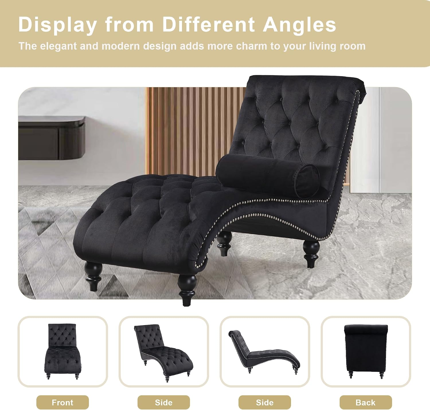 Velvet Chaise Lounge Indoor,Button-Tufted Upholstered Chaise Lounge Chair with Pillow for Bedroom Living Room Office Modern Backrest Leisure Recliner Sleep Sofa,Black