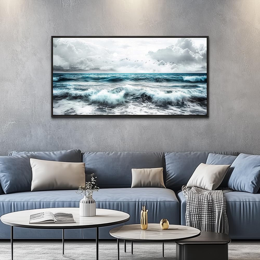 ERQINHUA Black And White Beach Canvas Wall Art For Living Room Wall Decoration For Bedroom Office Wall Decor Blue Sea Wave Printing Pictures Artwork Home Decor Painting Black Framed 24x48 In