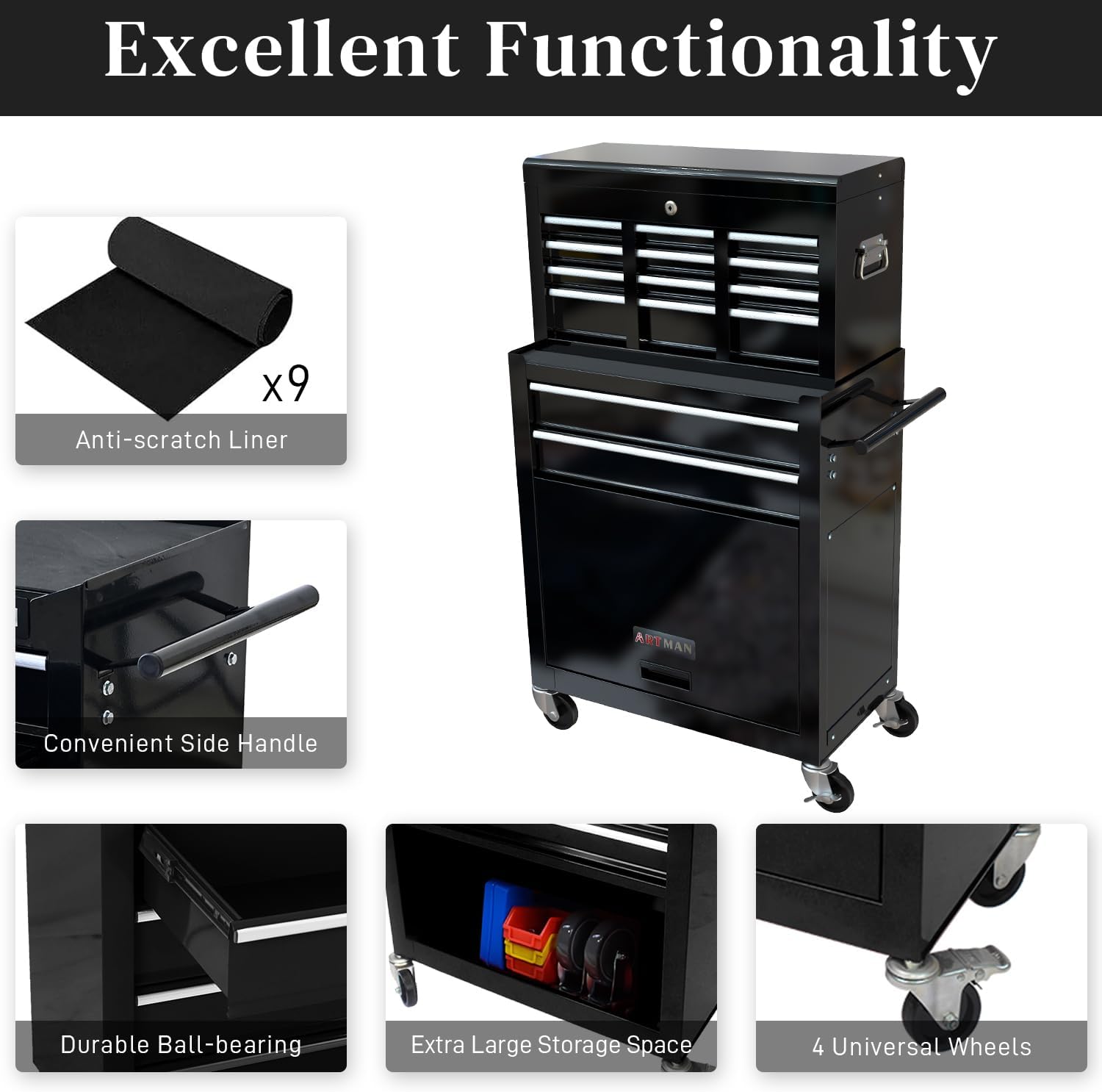 High Capacity Rolling Tool Chest with 8-Drawer Tool Box on Wheels Multifunctional Tool Cart Mechanic Tool Storage Cabinet for Garage, Warehouse, Workshop, Repair Shop (Black)