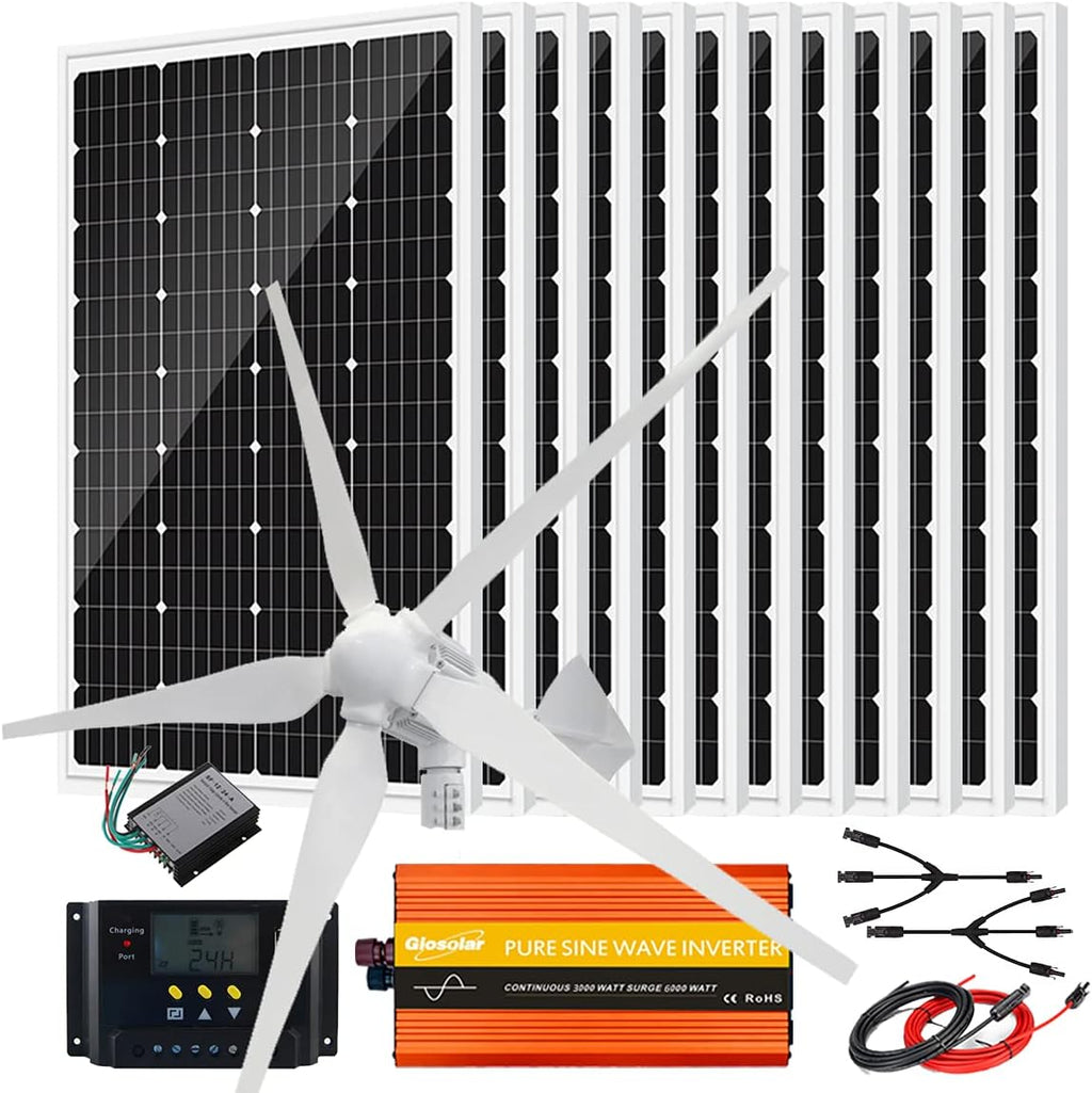 2440W 48V Solar Wind Hybrid System Solar Panel Kit with 1000W Wind Turbine Generator and 12pcs 120W Solar Panel and 3000W Power Inverter