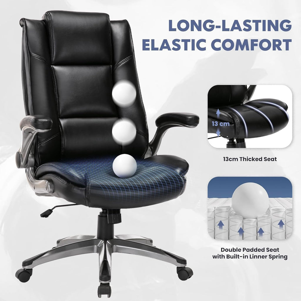 COLAMY Leather Executive Office Chair Set of 2 - High Back Ergonomic Home Computer Desk Chair with Padded Flip-up Arms, Adjustable Tilt Lock, Swivel Rolling Chair for Adult Working Study, Black