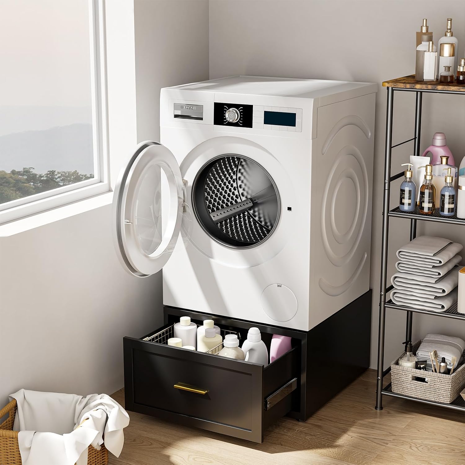 Washer and Dryer Pedestal,28''W Heavy Duty Metal Washer Dryer Pedestal,Universal Laundry Pedestal for Washer and Dryer,Washer and Dryer Stand with Drawer and Base Storage,440 LBS Capacity,Black