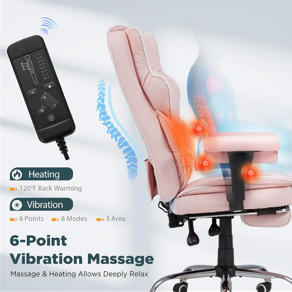 HOMREST Pink Ergonomic Office Chair with 6-Point Vibration Massage & Heat – Reclining Executive Chair with Adjustable Footrest and Armrests, PU Leather Big and Tall Home Office Desk Chair