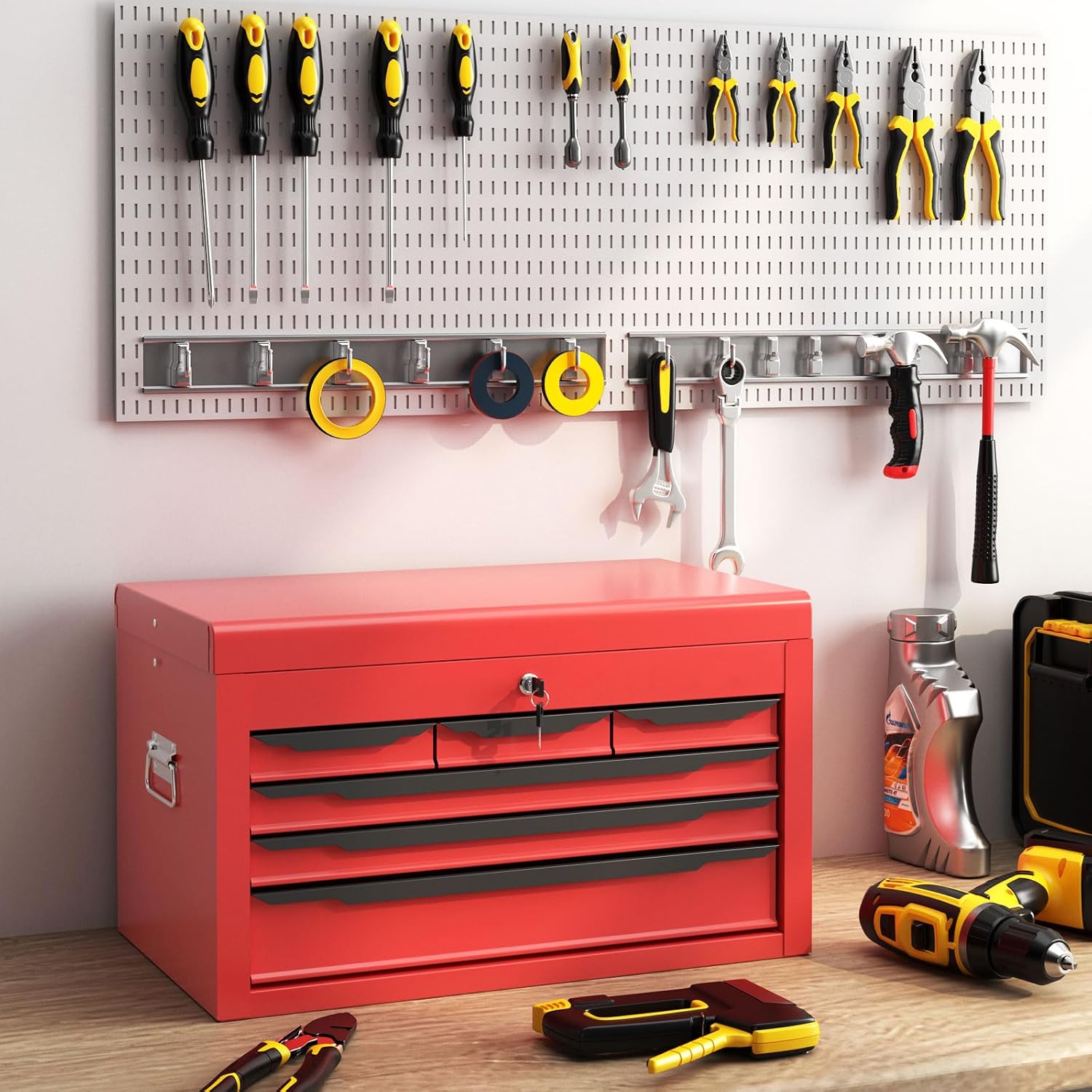 Tool Box, 6-Drawer Steel Tool Chest with Top Storage Automatic Lock & EVA Liner, Portable Tool Storage Organizer for Repair Shop Garage Warehouse (Red)