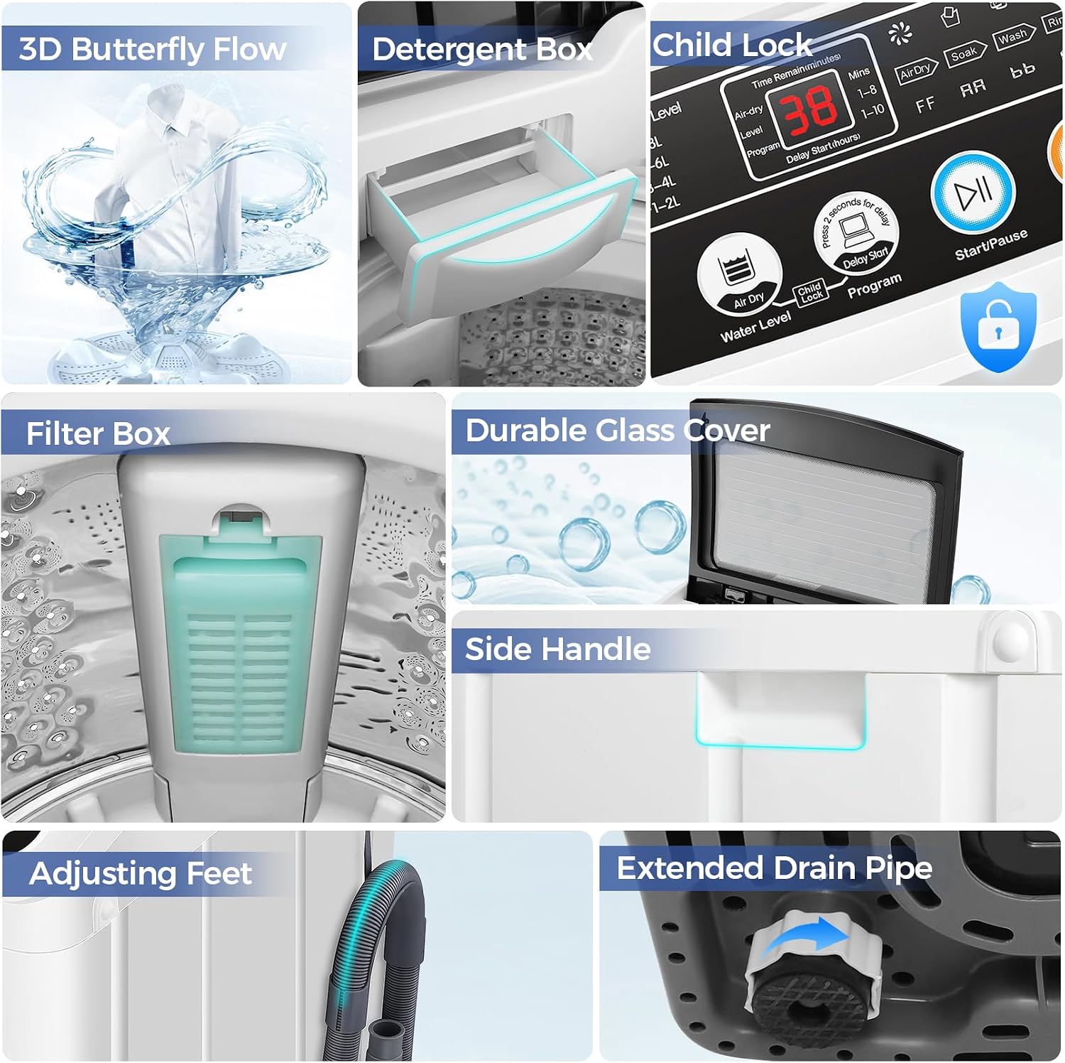Nictemaw Portable Washing Machine, 20Lbs Capacity Portable Washer Machine with Drain Pump, 10 Wash Programs 8 Water Levels, 2.8 Cu.ft Compact Laundry Machine for Apartments-Slow-Close Glass Cover