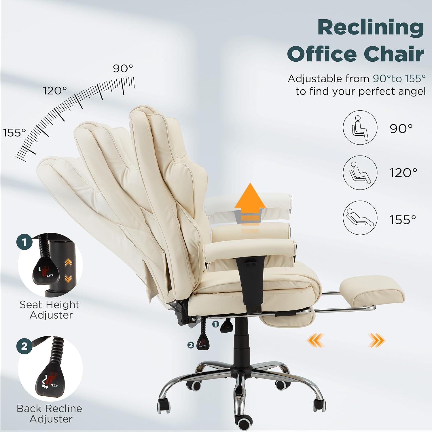 HOMREST Ergonomic Executive Office Chair, 6-Point Massage Manager Chair with Heating Function, Adjustable Backrest Home Office Chair with Adjustable Footrest and Armrests (Beige)