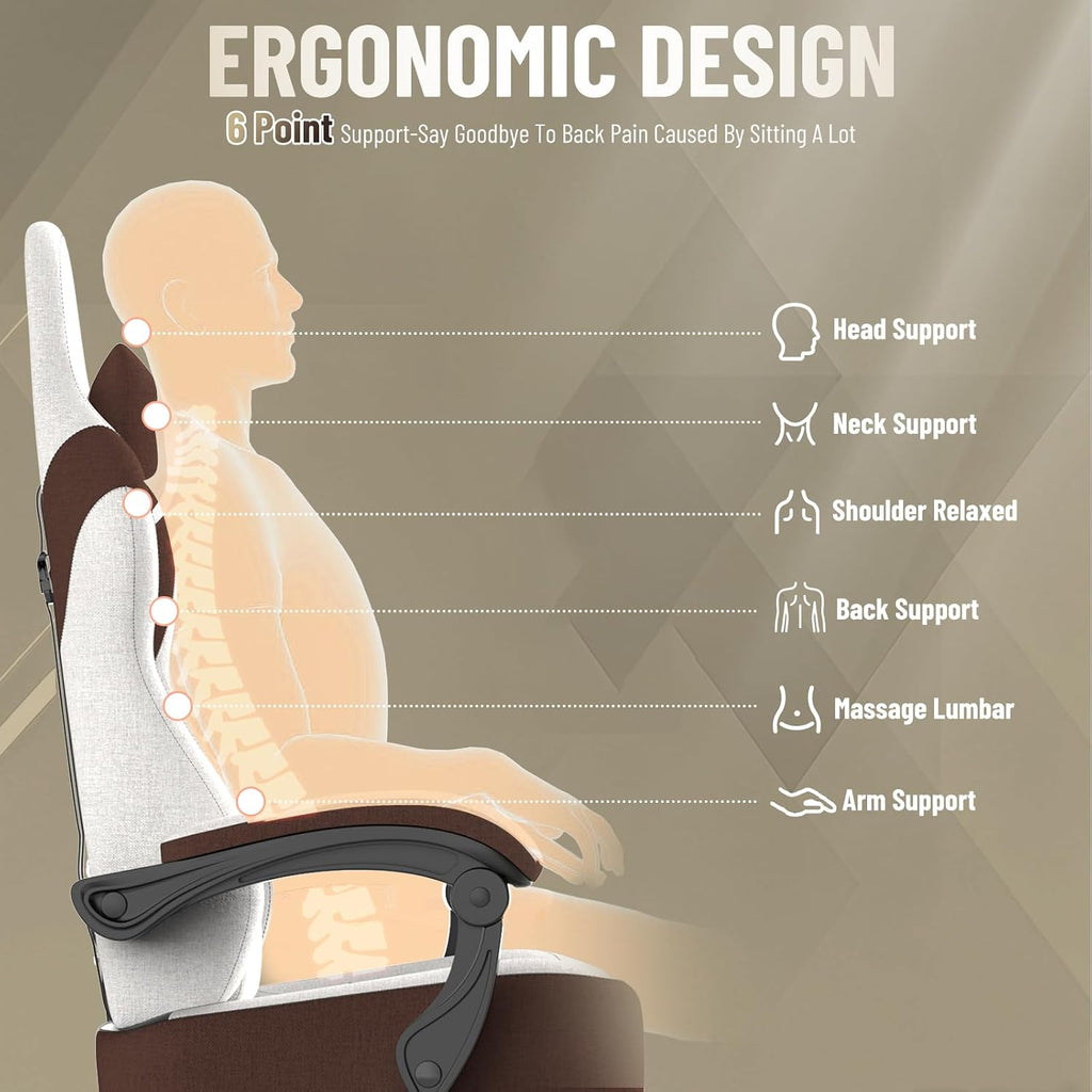 Soontrans Linen Fabric Beige and Brown Gaming Chair with Footrest, Ergonomic Computer Chair with Massage Lumbar Pillow,Gamer Chair with Adjustable Headrest, Comfortable Office Chair for Home & Gaming