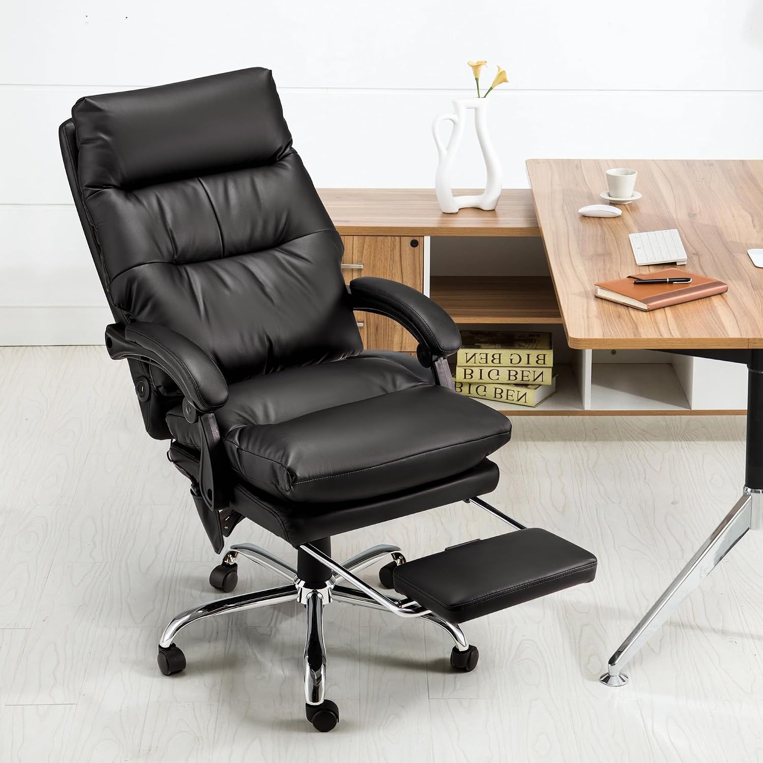 HOMREST Ergonomic Heated Reclining Office Chair with USB Charging, 4-Point Vibration Massage, Adjustable Armrests, and Footrest Premium Leather Desk Chair for Home and Office - Black
