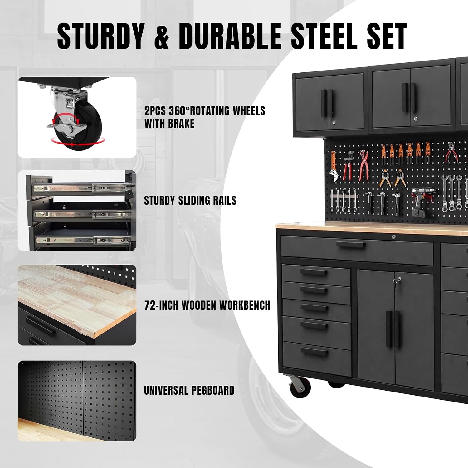 BIG RED 72in Rolling Tool Chest Cabinet Mobile Garage Workbench Heavy-Duty Tool Cabinet on Wheels with 11 Drawers, Pegboard & Power Strip for Tool Organization