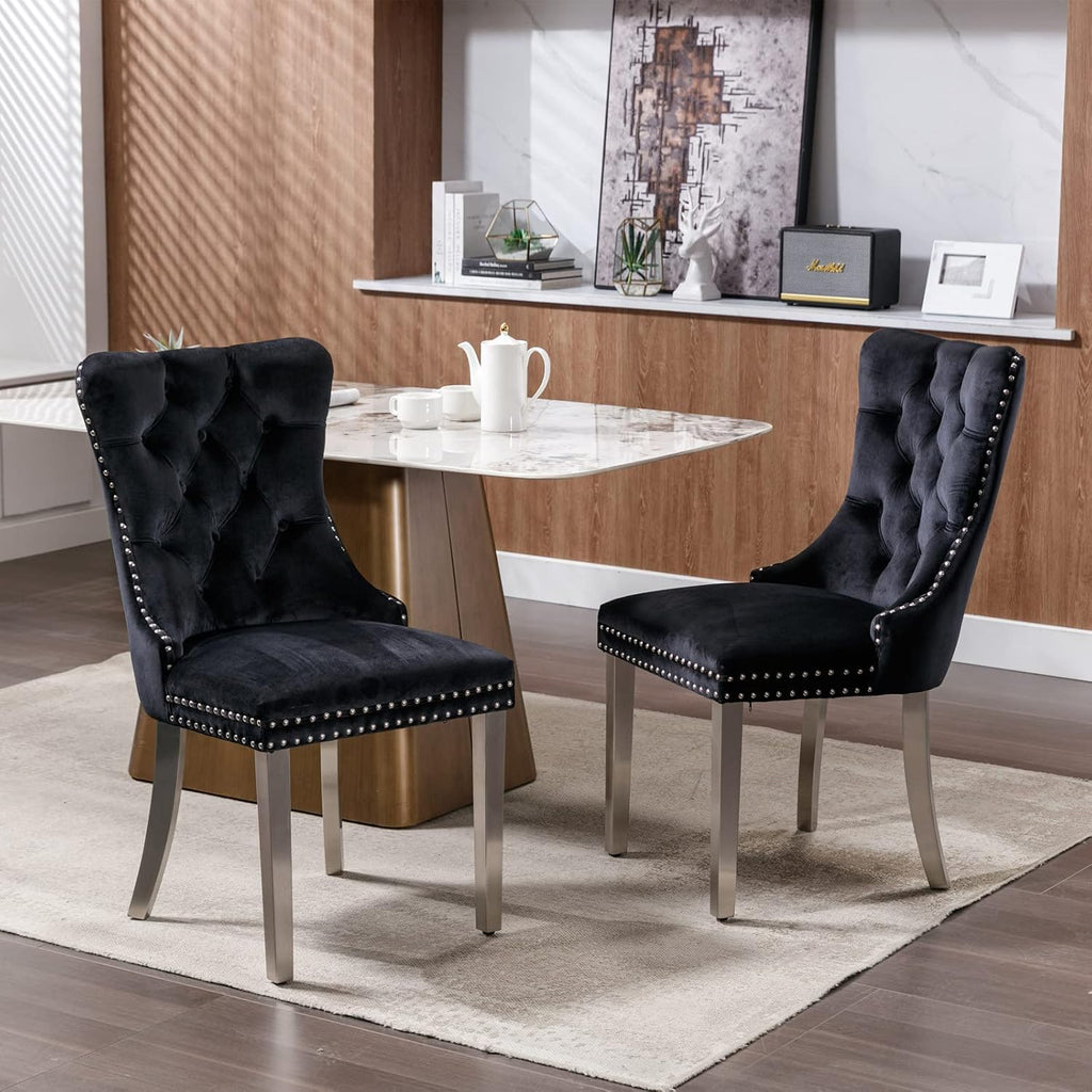 Ball & Cast Contemporary Upholstered Dining Chairs Set of 2, Velvet Button Tufted Kitchen Side-Chairs with Hang Ring & Nailhead Trims & Chrome Solid Wood Legs, 2-Piece Traditional Chair, Chrome+Black