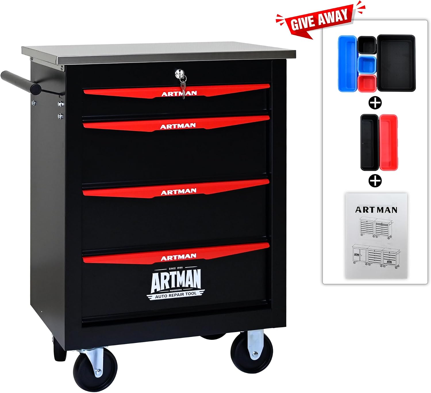 Campfun Tool Chest with Wheels 4 Drawers Rolling Tool Box, Metal Tool Cart with Extra 7 Tool Storage Boxes, Tool Chest Workbench Tool Storage Cabinet for Garage Workshop Warehouse Repair Shop