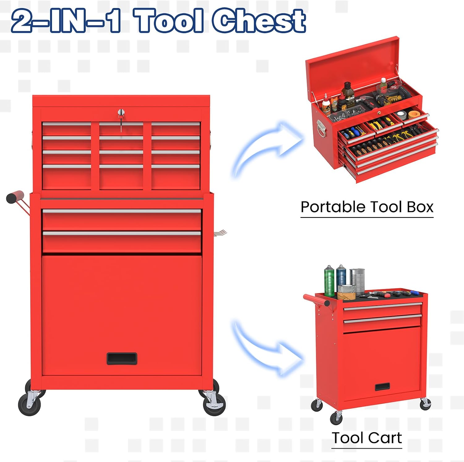 Rolling Tool Box with Wheels, 8-Drawer High Capacity Tool Chest with Wheels, Removable Storage Toolbox with Lock for Garage, Workshop (Red)