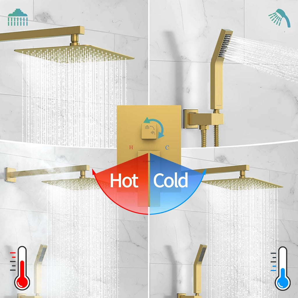 SR SUN RISE Shower Faucets Sets Complete Brushed Gold Square Rain Shower Head with Handheld Spray All Metal Shower Faucet Trim Repair Kits (Contain Shower Valve)
