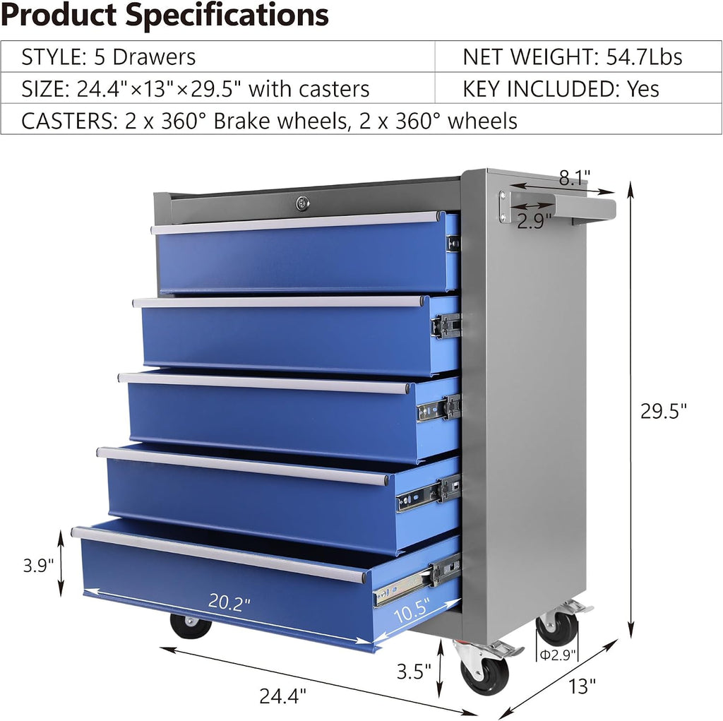 5 Drawers Rolling Tool Chest Cabinet with Wheels, Tool Storage Cabinet and Tool Box Organizer for Garage Warehouse Workshop (Blue+Grey-5 Drawers)