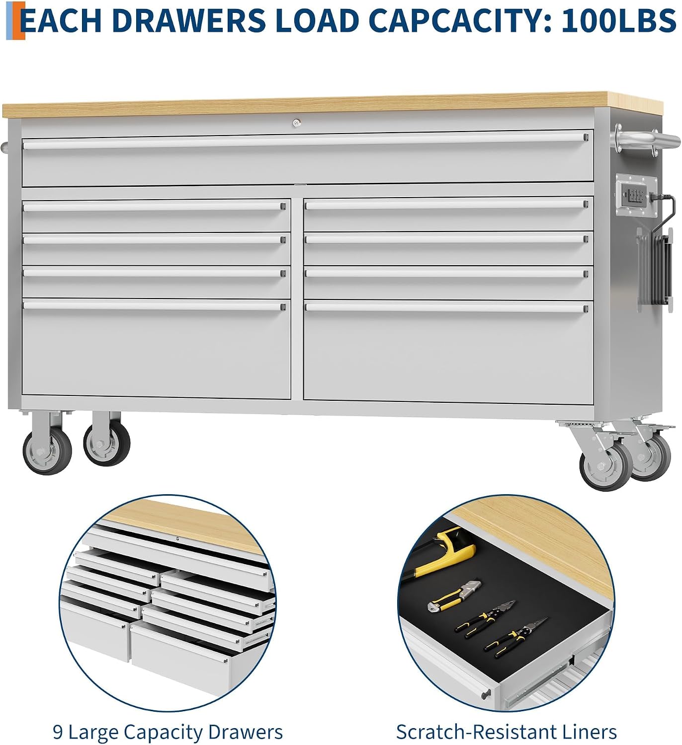61'' Rolling Tool Chest with 9 Drawers and Wheels, Heavy-Duty Tool Cabinet, Mobile Workbench for Garage, Repair Shop and Tool Room, Stainless Steel Storage, Silver