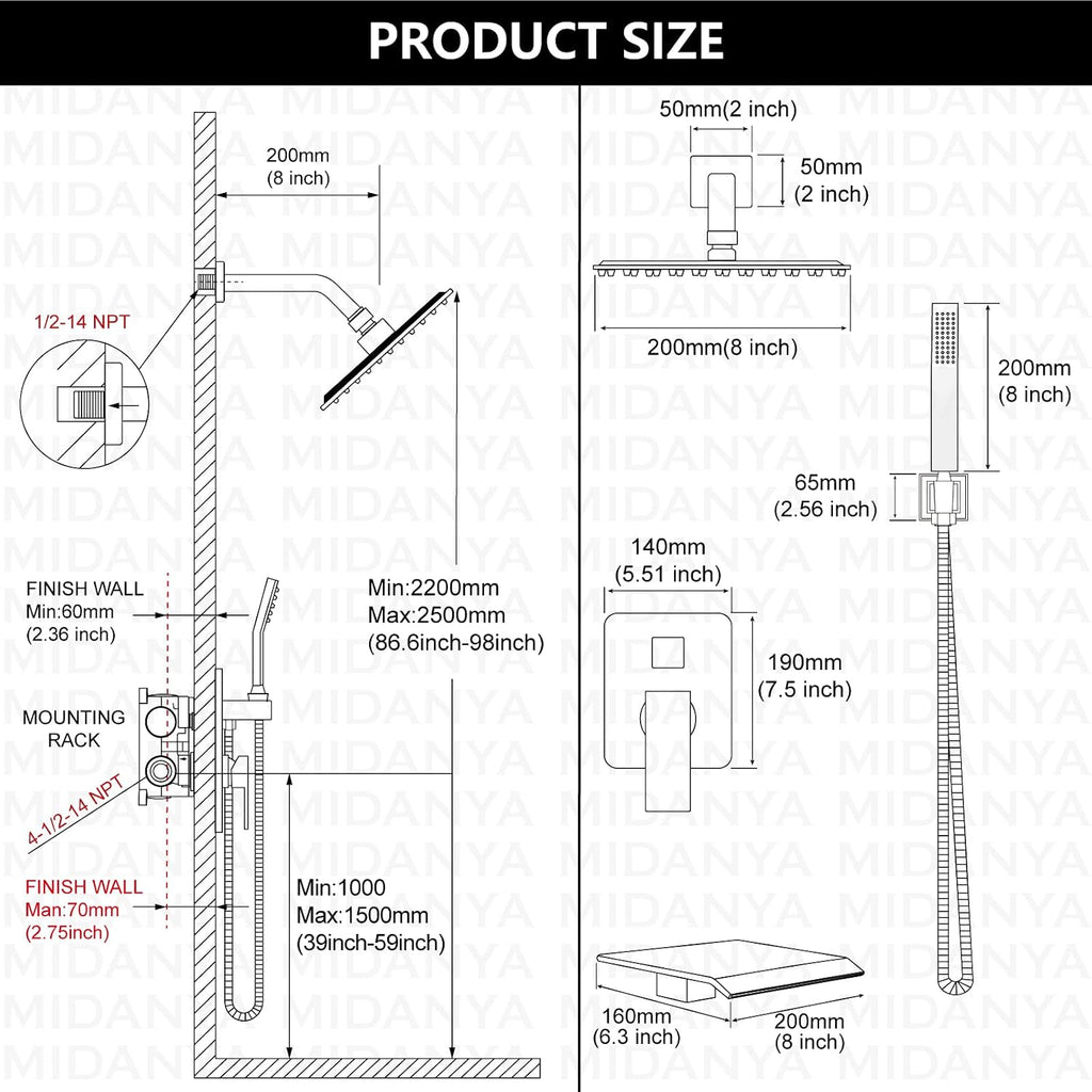 Midanya Shower System with Tub Spout,Bathtub Shower Faucet Set with Square Rainfall Head and Handheld Sprayer Wall Mount Tub Faucet Set with Valve and Trim Kit,8 Inch Matte Black