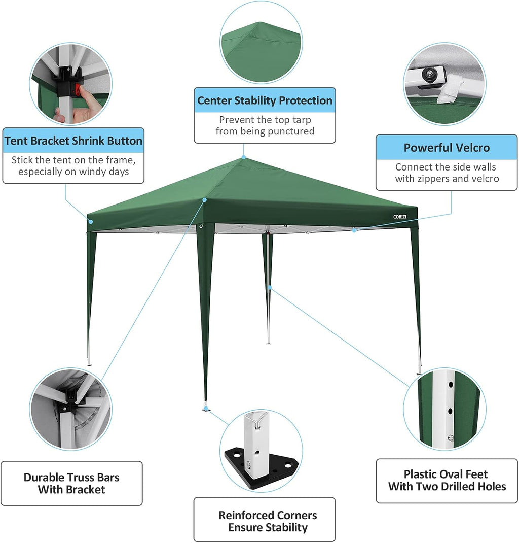 COBIZI 10x10 Pop Up Canopy Tent with 4 Sidewalls,10x10 Ez Up Waterproof Canopy Tents for Parties Camping Exhibition, Outdoor Easy Set U Gazebo Tent with Carry Bag,8 Stakes & 4 Ropes(Green