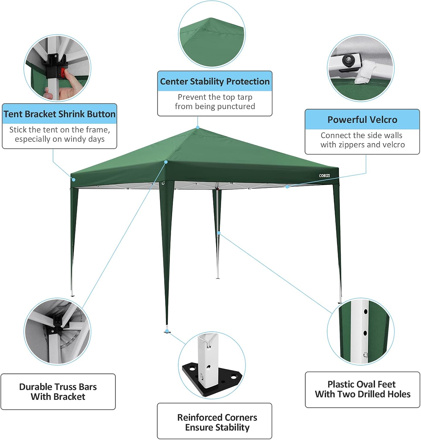 COBIZI 10x10 Pop Up Canopy Tent with 4 Sidewalls,10x10 Ez Up Waterproof Canopy Tents for Parties Camping Exhibition, Outdoor Easy Set U Gazebo Tent with Carry Bag,8 Stakes & 4 Ropes(Green