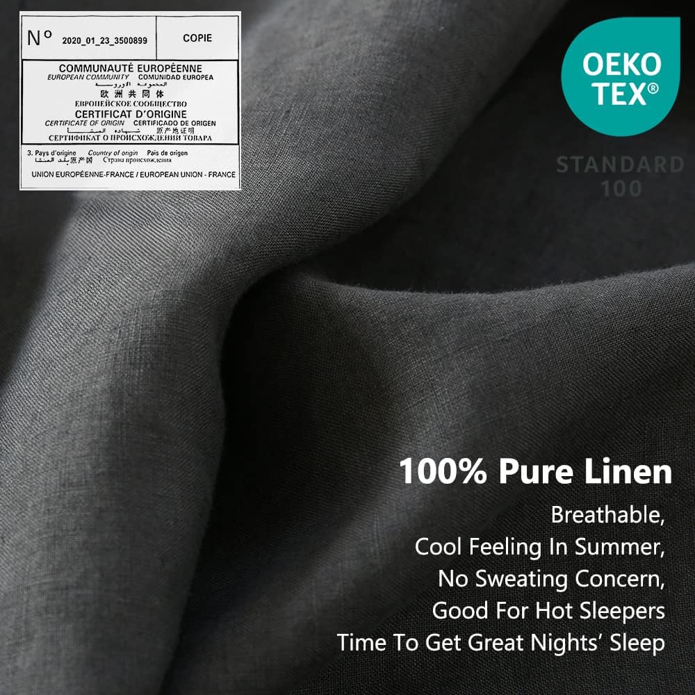 Simple&Opulence 100% Linen Sheet Set with Embroidery Washed - 3 Pieces (1 Flat Sheet & 1 Fitted Sheet & 1 Pillowcase) Natural Flax Soft Bedding Breathable Farmhouse - Dark Grey, Twin Size