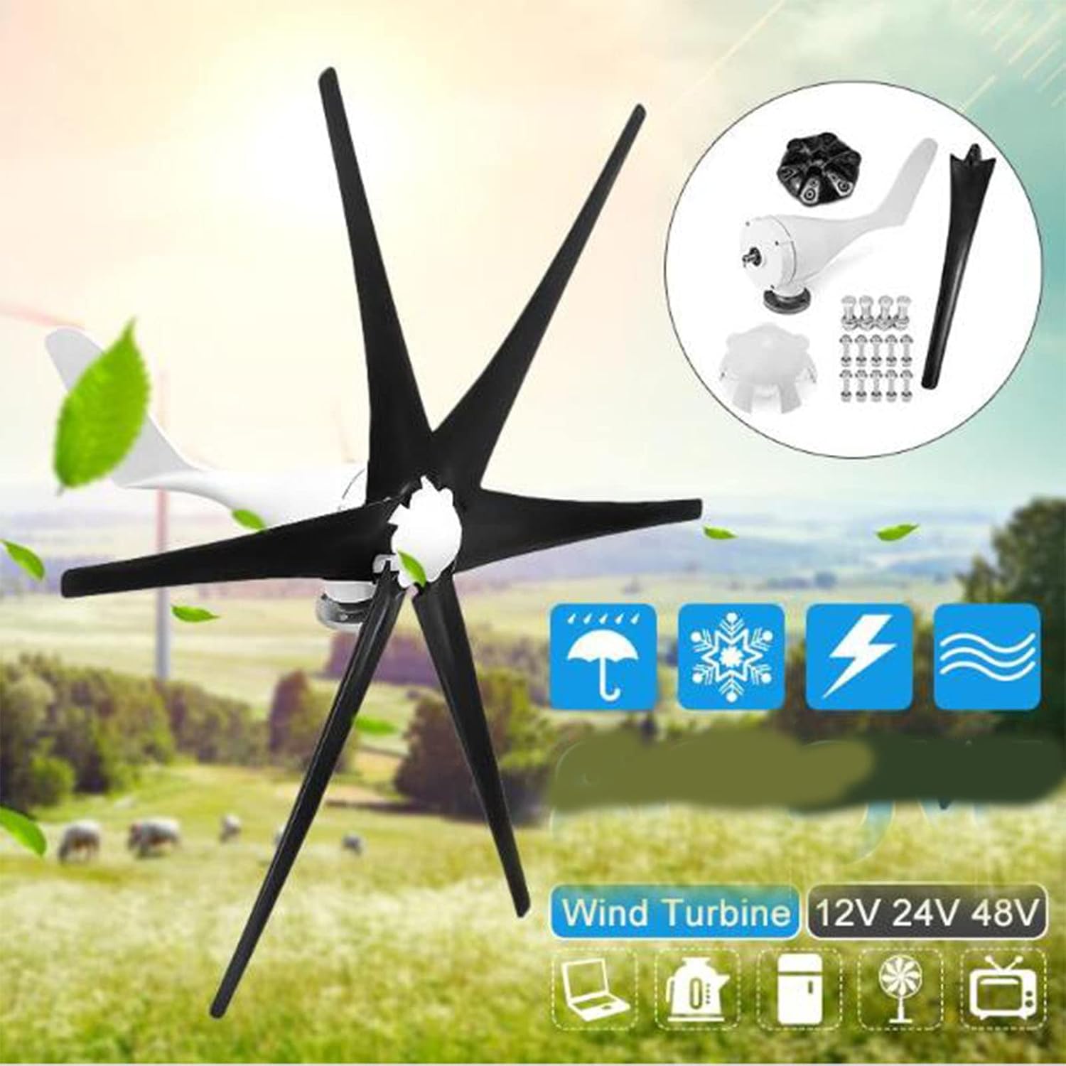 High Efficiency 12V-220V Wind Turbine Generator 3000W-5000W with Controller 6 Blades Small Wind Turbine for Home Use Low Noise