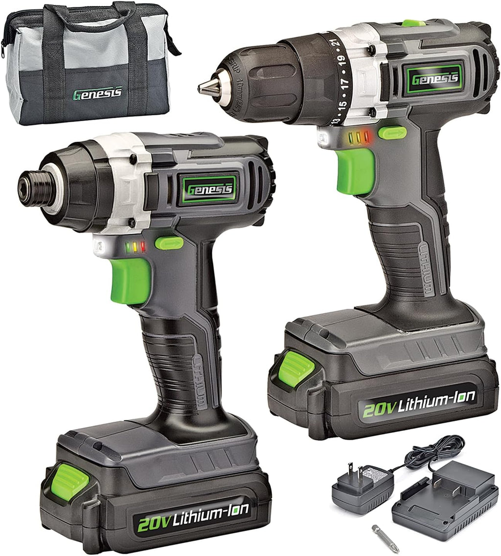 Genesis GL20DIDKA2 2-Piece 20V Lithium-ion Battery-Powered Cordless Variable Speed Drill Driver and Impact Driver Kit with LED Light, Electric Brake, Storage Bag, Charger, 2 Batteries, and Bit