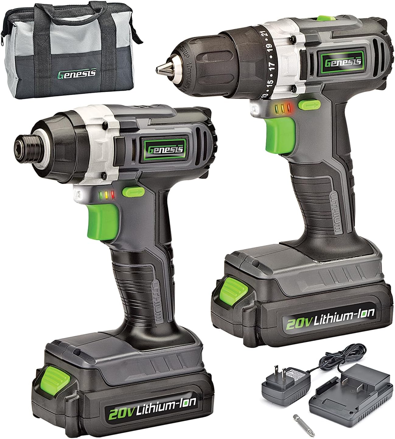 Genesis GL20DIDKA2 2-Piece 20V Lithium-ion Battery-Powered Cordless Variable Speed Drill Driver and Impact Driver Kit with LED Light, Electric Brake, Storage Bag, Charger, 2 Batteries, and Bit