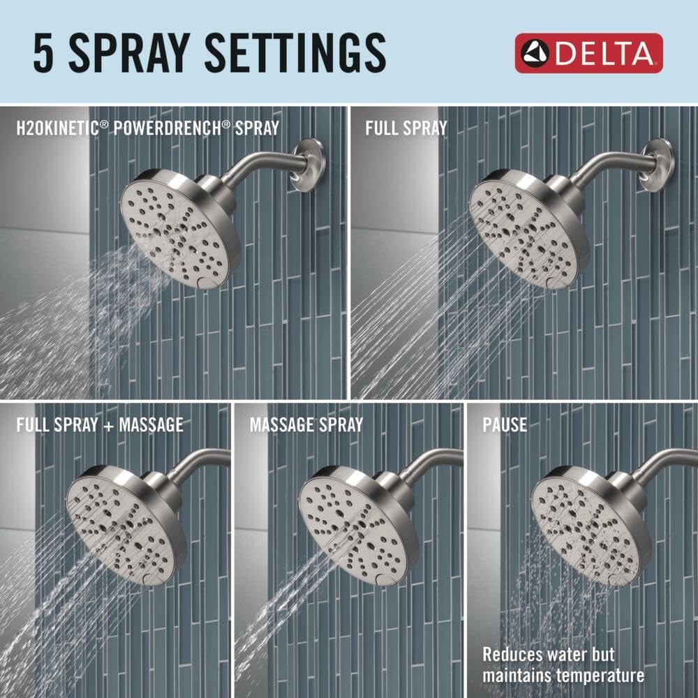 Delta Nicoli 14 Series H2Okinetic Shower Faucet Set, Brushed Nickel Shower Head and Handle Set, Valve Trim Kit, Stainless 142749-SS (Shower Valve Included)