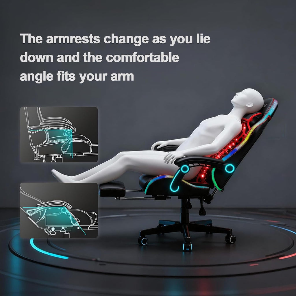 LED Gaming Chairs for Adults Tall and Kids，Lumbar Support,LED Lights，High Back Reclining Computer Chair with Headrest (RedBlack)