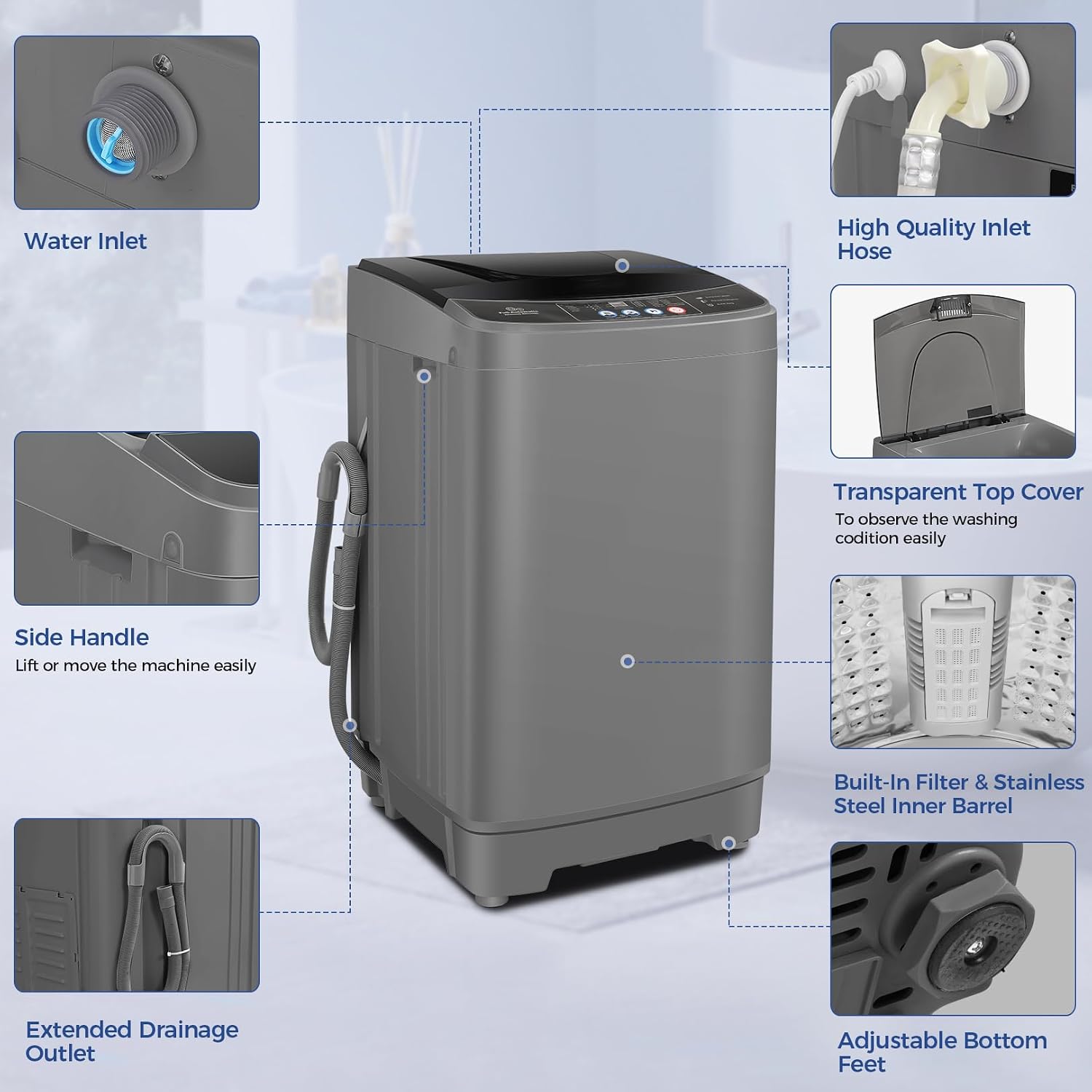 Nictemaw Portable Washing Machine, 20Lbs Capacity Full-Automatic Portable Washer Machine, 2.8Cu.ft Washer and Dryer Combo with Drain Pump, 10 Programs & 8 Water Levels for Apartment, Dorms, RV
